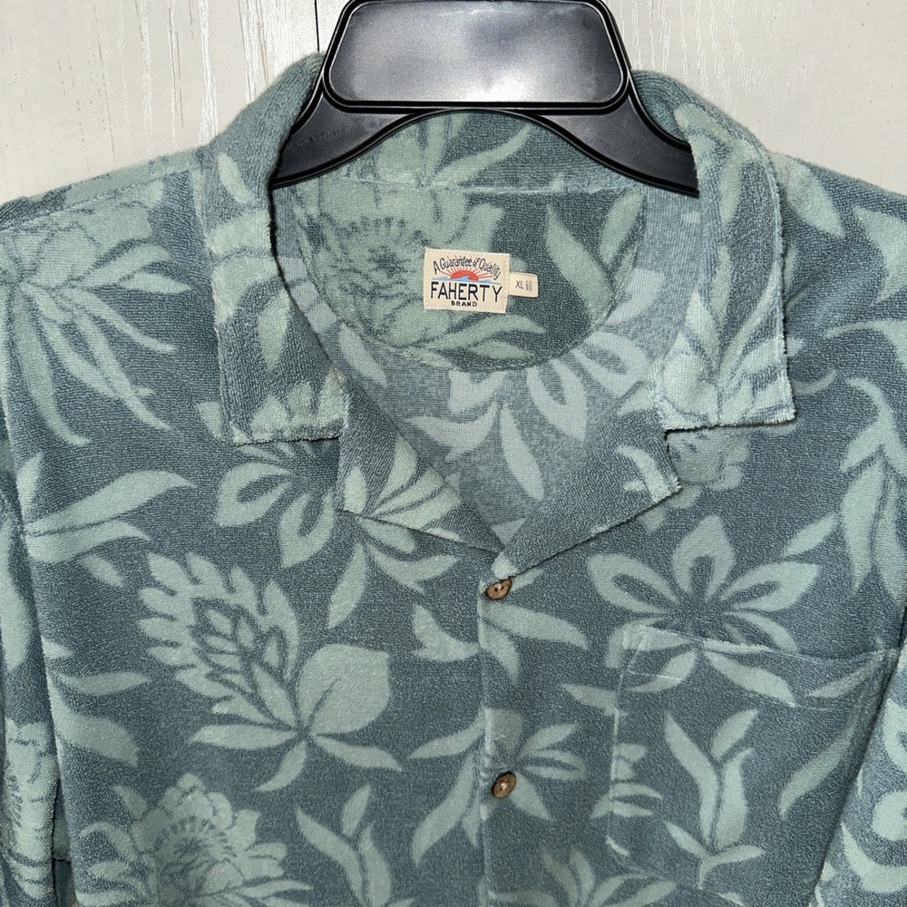 Faherty Mens Cabana Towel Terry Shirt Poolside Foliage Teal Size XL